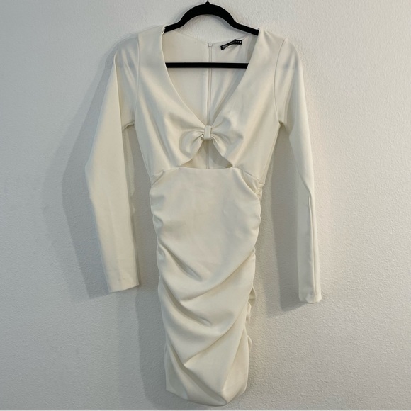 Zara Long Sleeve Cut Out White Mini Dress Ruched Size Small New with tags. - Picture 1 of 11